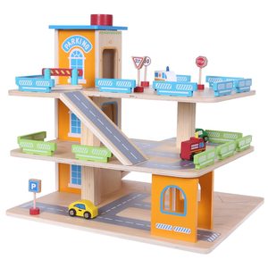 Wooden 3-level garage with elevator and cars for children from 3 years