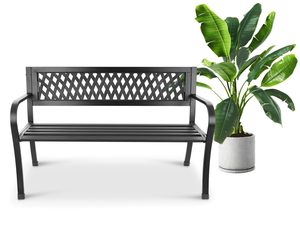 Openwork garden bench with backrest, black, metal, 180 kg, 125x53x77 cm