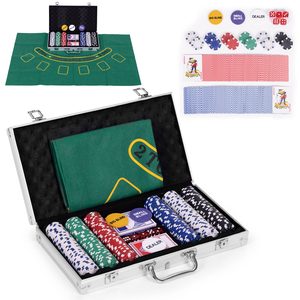 Zestaw do gry w poker i blackjack z 300 żetonami w różnych kolorach i mata do gry