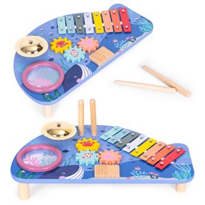 Stolik z instrumentami stół muzyczny cymbałki talerz perkusyjny tarka motyw