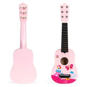Gitara dla dzieci drewniana metalowe struny kostka różowa