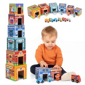 Tower for stacking pyramid city sorter with figurines and vehicles